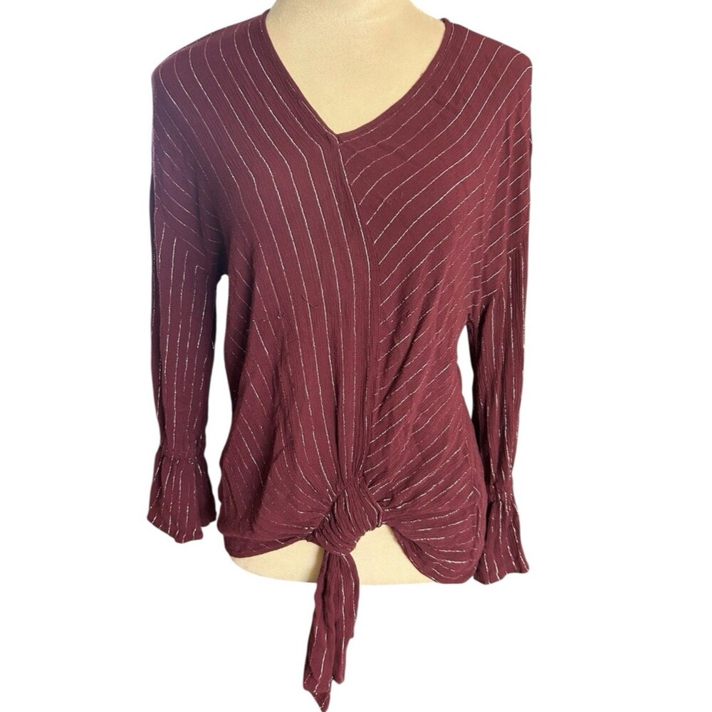 Juicy Couture Top Women’s Sz S Burgundy Metallic Ruffle Sleeve Tie Front V Neck